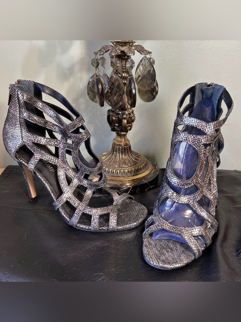 Ivanka Trump Silver Black Reptile Leather Cut out Zip Back Heeled Ankle Sandals